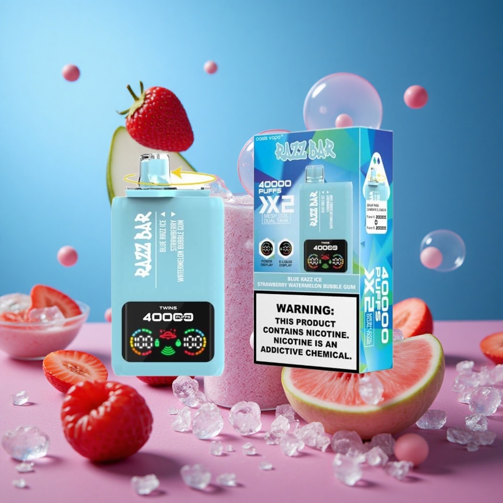 Blue Razz Ice-Strawberry Watermelon Bubble Gum Razz Bar 40000 Puffs 1.0Ohm 2 Mesh Coil 650mAh Battery Disposable Vape