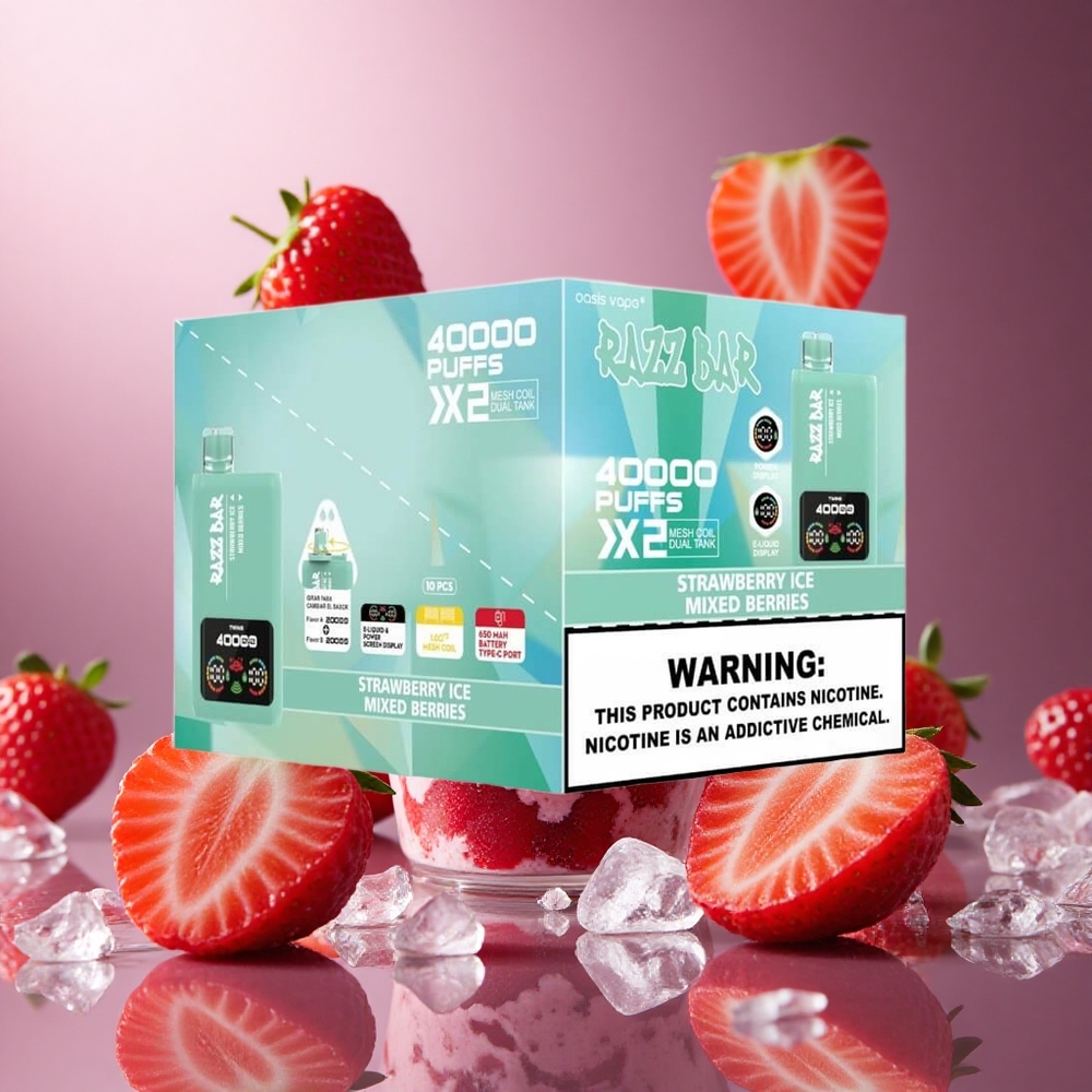 Strawberry Ice Mixed Berries Razz Bar 40000 Puffs 1.0Ohm 2 Mesh Coil 650mAh Battery