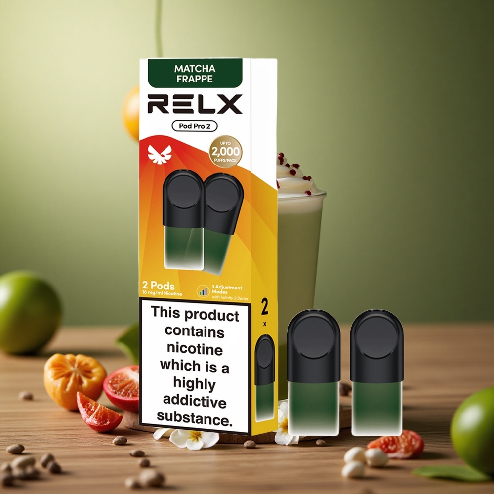 Matcha Frappe Tea Relx Pod Pro 2 600 Puffs 1.8% Nicotine 3 Voltage Modes