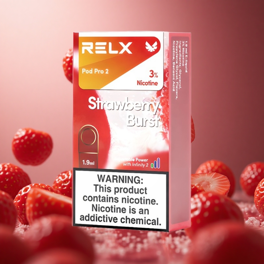 Strawberry Burst RELX Pod Pro 2 600 Puffs 3% Nicotine 1.9ml 3 Voltage Modes
